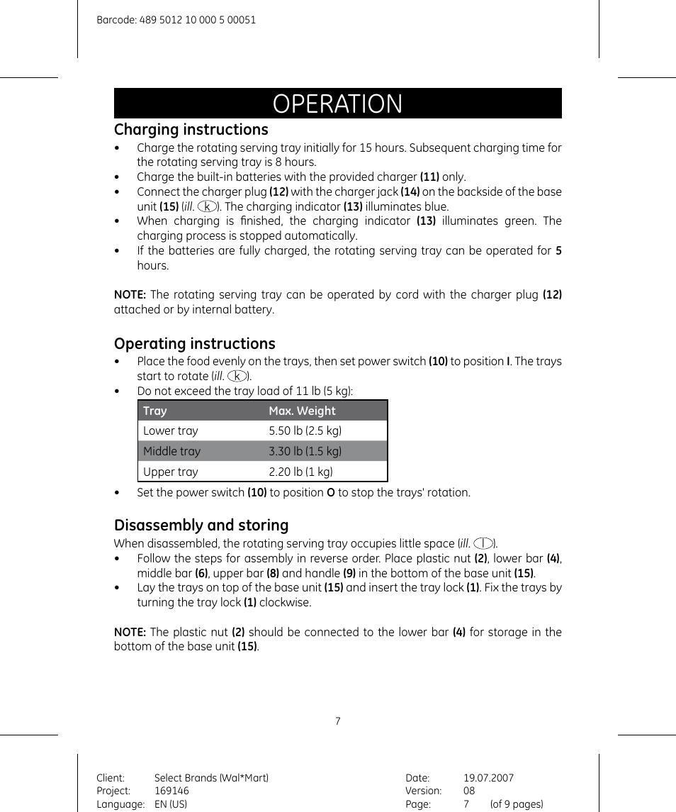 Operation, Charging instructions, Operating instructions | Disassembly and storing | GE 169146 User Manual | Page 7 / 9