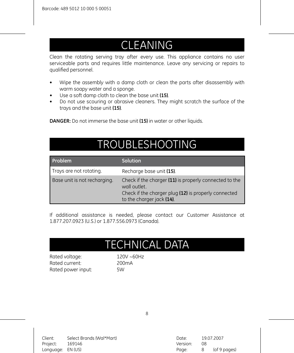 Cleaning, Troubleshooting, Technical data | GE 169146 User Manual | Page 8 / 9