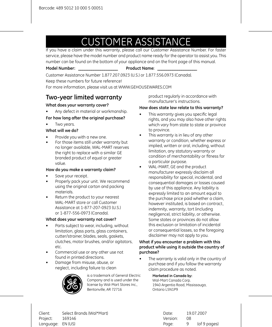 Customer assistance, Two-year limited warranty | GE 169146 User Manual | Page 9 / 9