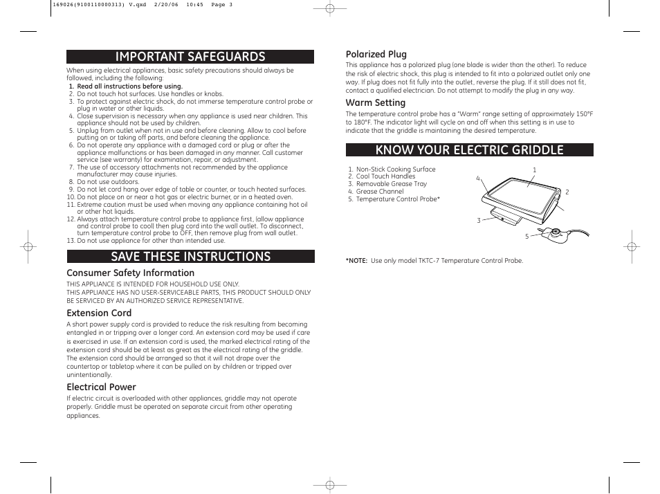 Important safeguards, Save these instructions, Know your electric griddle | GE 169026 User Manual | Page 2 / 3