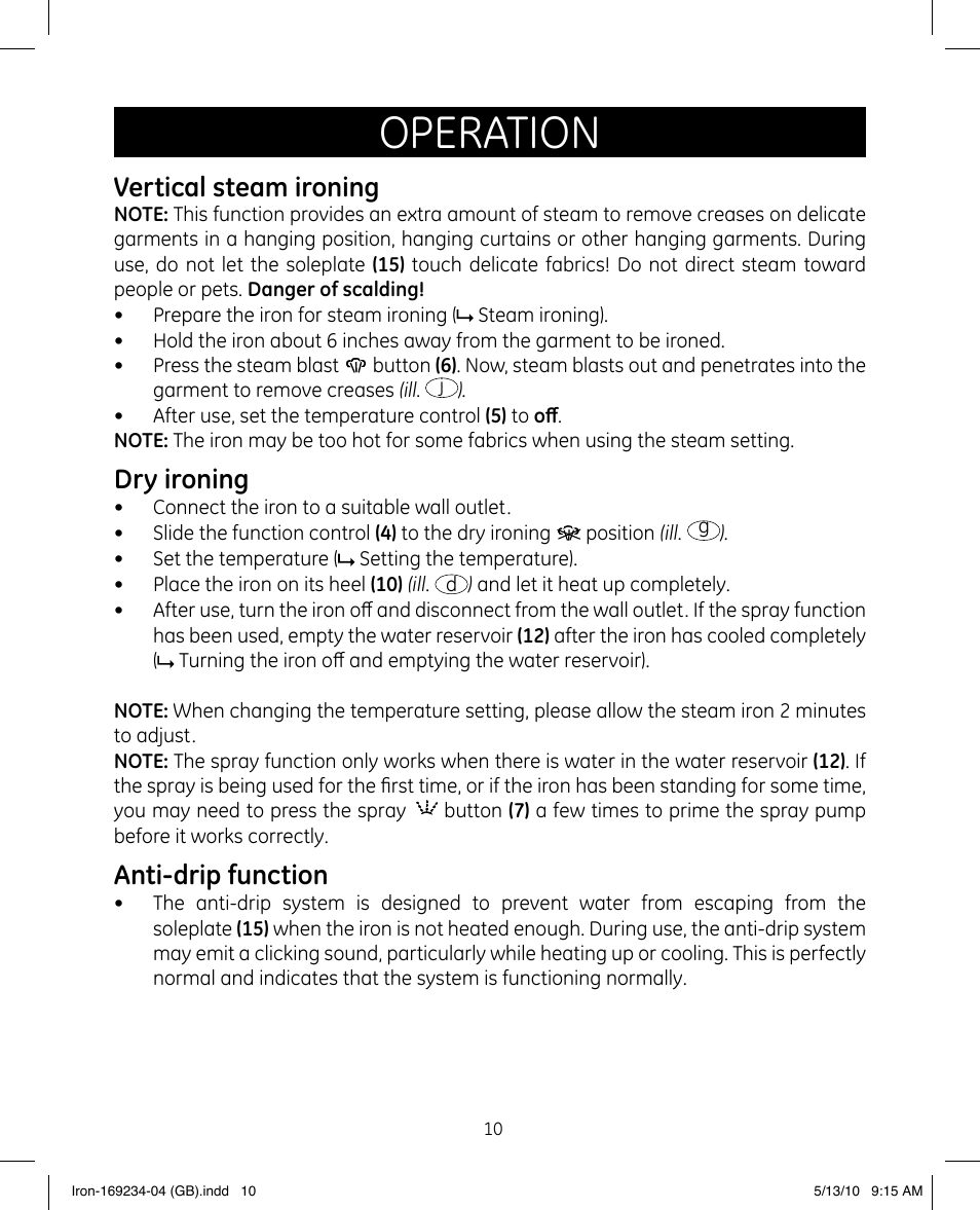 Operation, Vertical steam ironing, Dry ironing | Anti-drip function | GE 169234 User Manual | Page 10 / 15