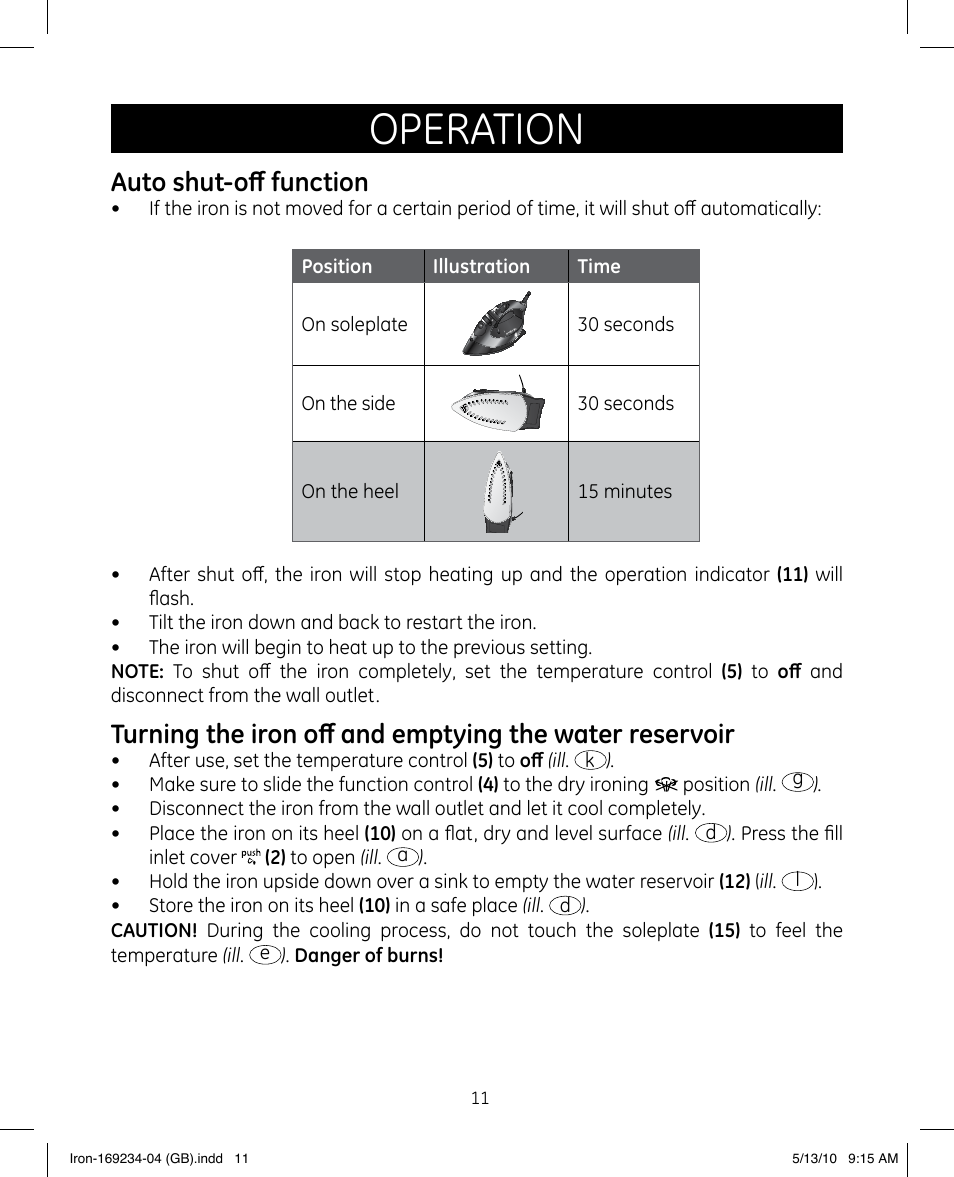 Operation, Auto shut-off function | GE 169234 User Manual | Page 11 / 15