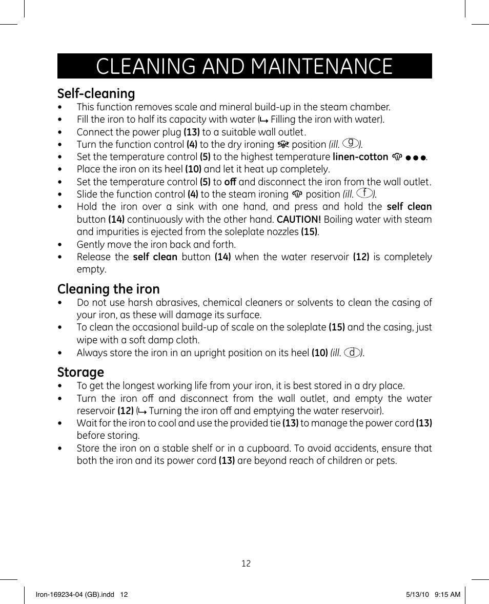 Cleaning and maintenance, Self-cleaning, Cleaning the iron | Storage | GE 169234 User Manual | Page 12 / 15