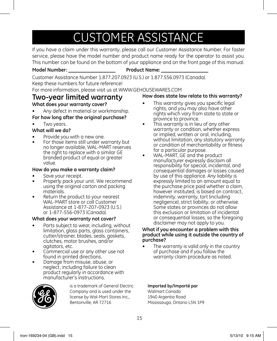 Customer assistance, Two-year limited warranty | GE 169234 User Manual | Page 15 / 15