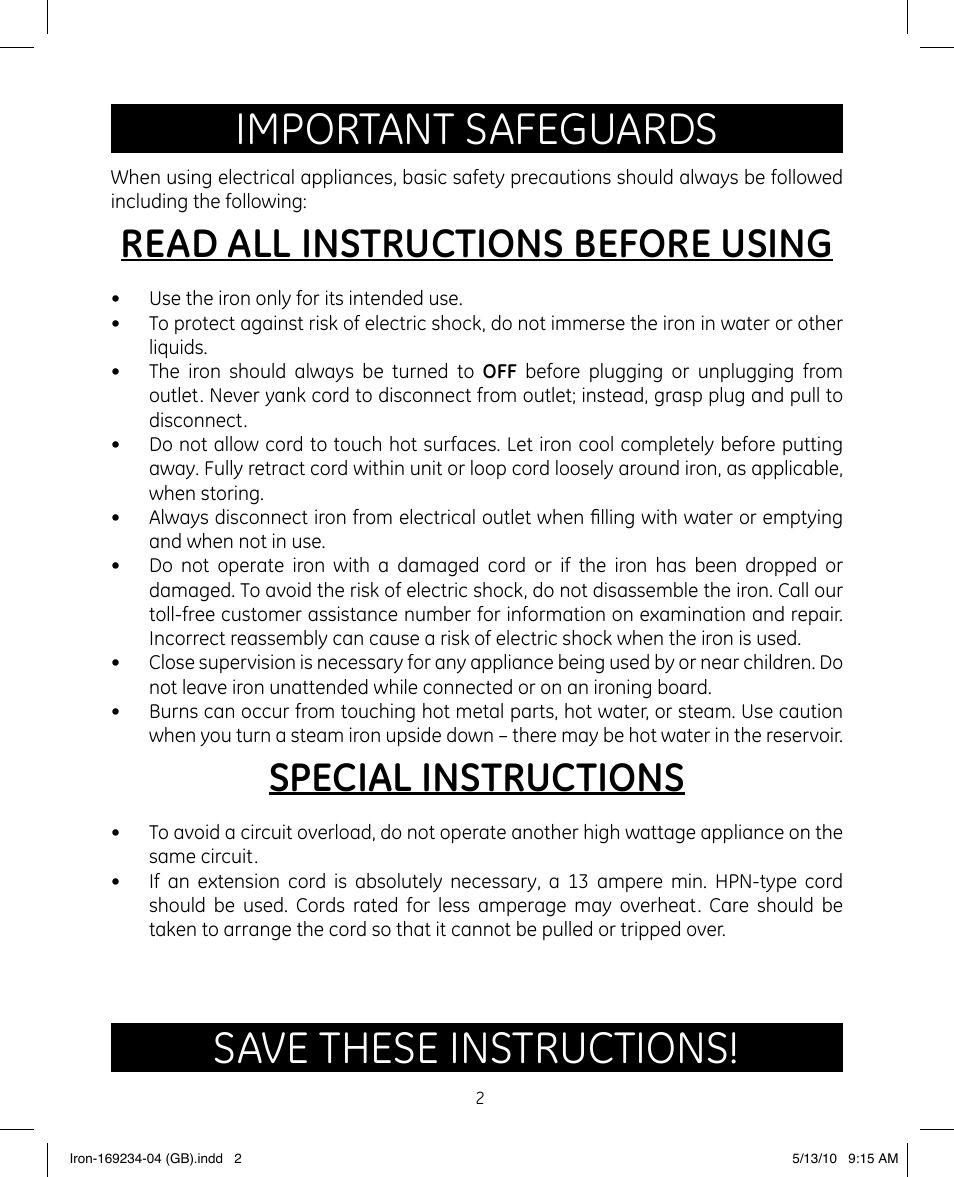 Important safeguards, Save these instructions, Read all instructions before using | Special instructions | GE 169234 User Manual | Page 2 / 15