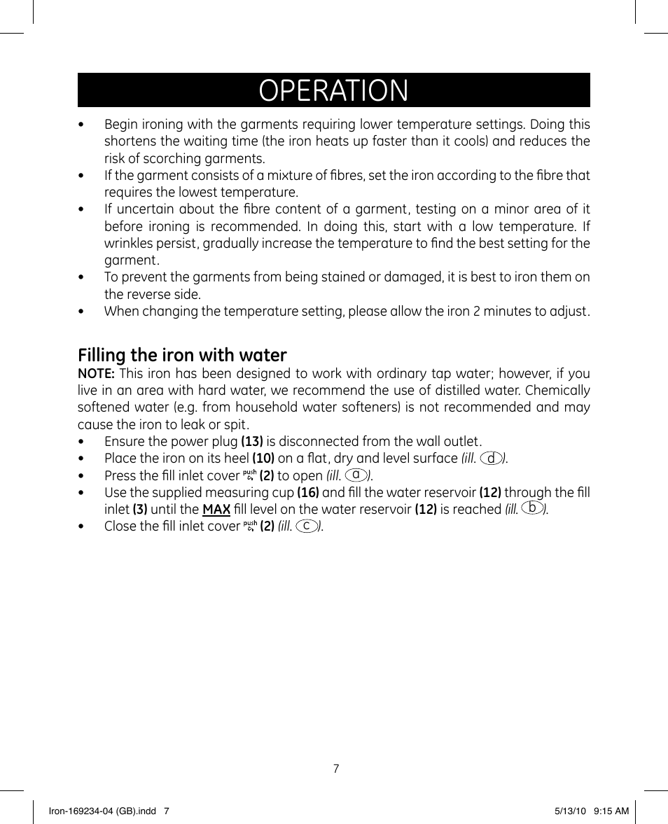 Operation, Filling the iron with water | GE 169234 User Manual | Page 7 / 15
