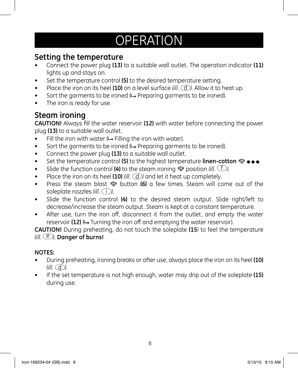 Operation, Setting the temperature, Steam ironing | GE 169234 User Manual | Page 8 / 15