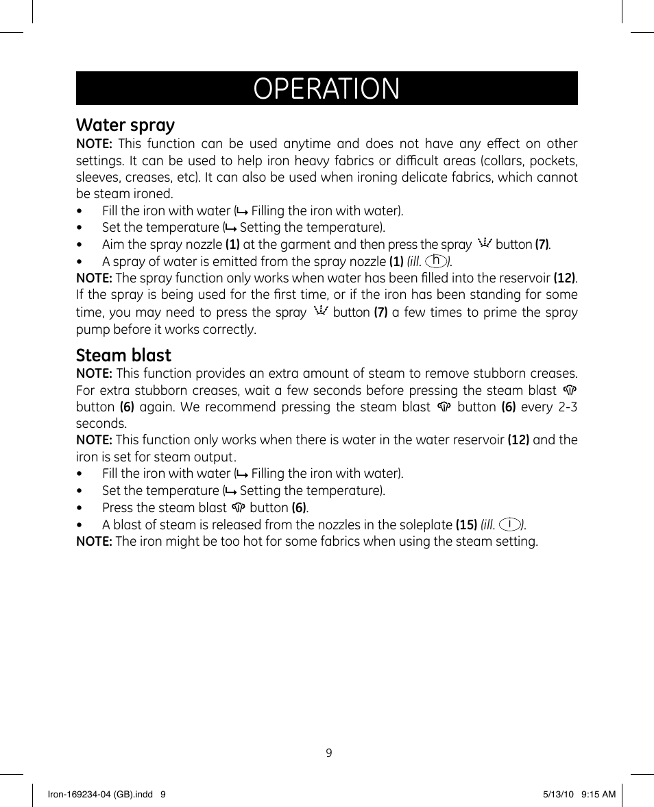 Operation, Water spray, Steam blast | GE 169234 User Manual | Page 9 / 15