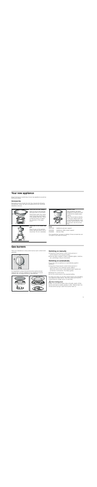 Your new appliance, Accessories, Code | Gas burners, Switching on manually, Switching on automatically, Release the control knob, Turn the control knob to the required setting, Risk of deflagration | Neff T25Z55N1 User Manual | Page 11 / 39