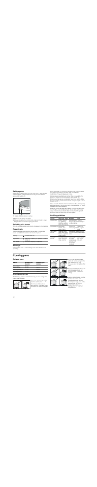 Safety system, Switch on the burner as usual, Switching off a burner | Power levels, Warnings, Cooking guidelines, Cooking pans, Suitable pans, Precautions for use, Suitable pans precautions for use | Neff T25Z55N1 User Manual | Page 12 / 39