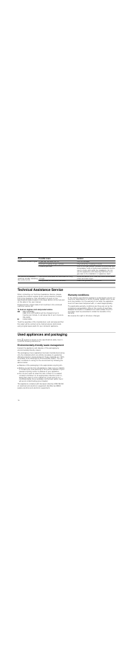 Technical assistance service, To book an engineer visit and product advice, Warranty conditions | We reserve the right to introduce changes, Used appliances and packaging, Environmentally-friendly waste management | Neff T25Z55N1 User Manual | Page 14 / 39