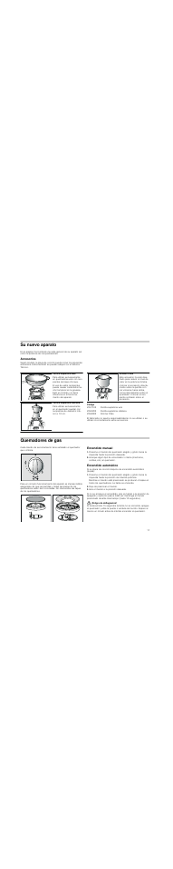 Su nuevo aparato, Accesorios, Código | Quemadores de gas, Encendido manual, Encendido automático, Deje de presionar el mando, Gire el mando a la posición deseada, Peligro de deflagración | Neff T25Z55N1 User Manual | Page 17 / 39