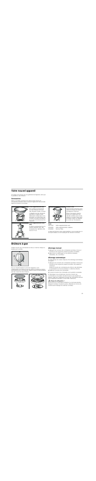 Votre nouvel appareil, Accessoires, Code | Brûleurs à gaz, Allumage manuel, Allumage automatique, Relâchez le bouton de commande, Risque de déflagration | Neff T25Z55N1 User Manual | Page 23 / 39