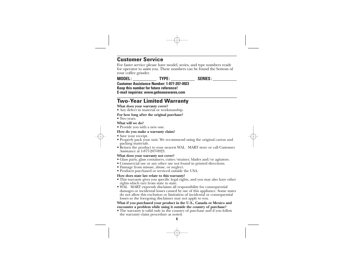 Two-year limited warranty customer service | GE 169028 User Manual | Page 4 / 8