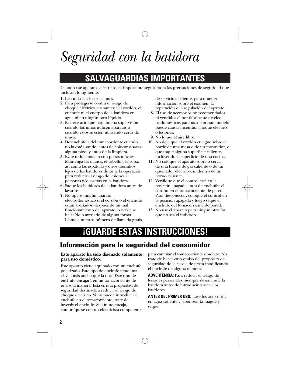 Seguridad con la batidora, Información para la seguridad del consumidor | GE 106831 User Manual | Page 12 / 20