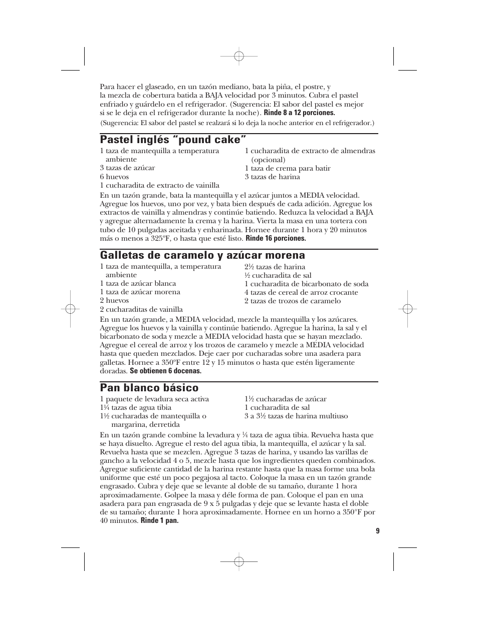 Pastel inglés “pound cake, Galletas de caramelo y azúcar morena, Pan blanco básico | GE 106831 User Manual | Page 19 / 20