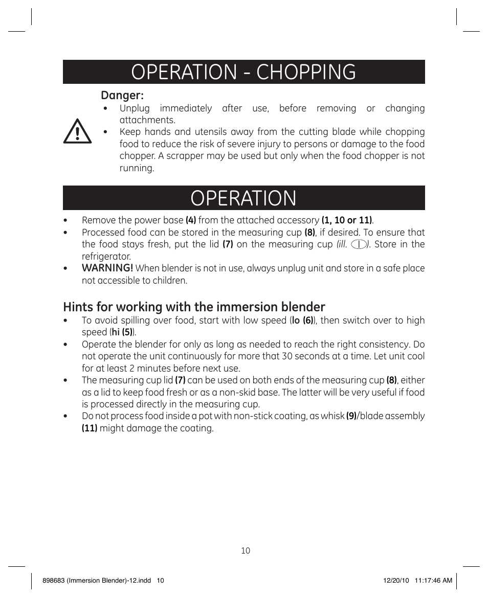 Operation - chopping, Operation, Hints for working with the immersion blender | GE 898683 User Manual | Page 10 / 13