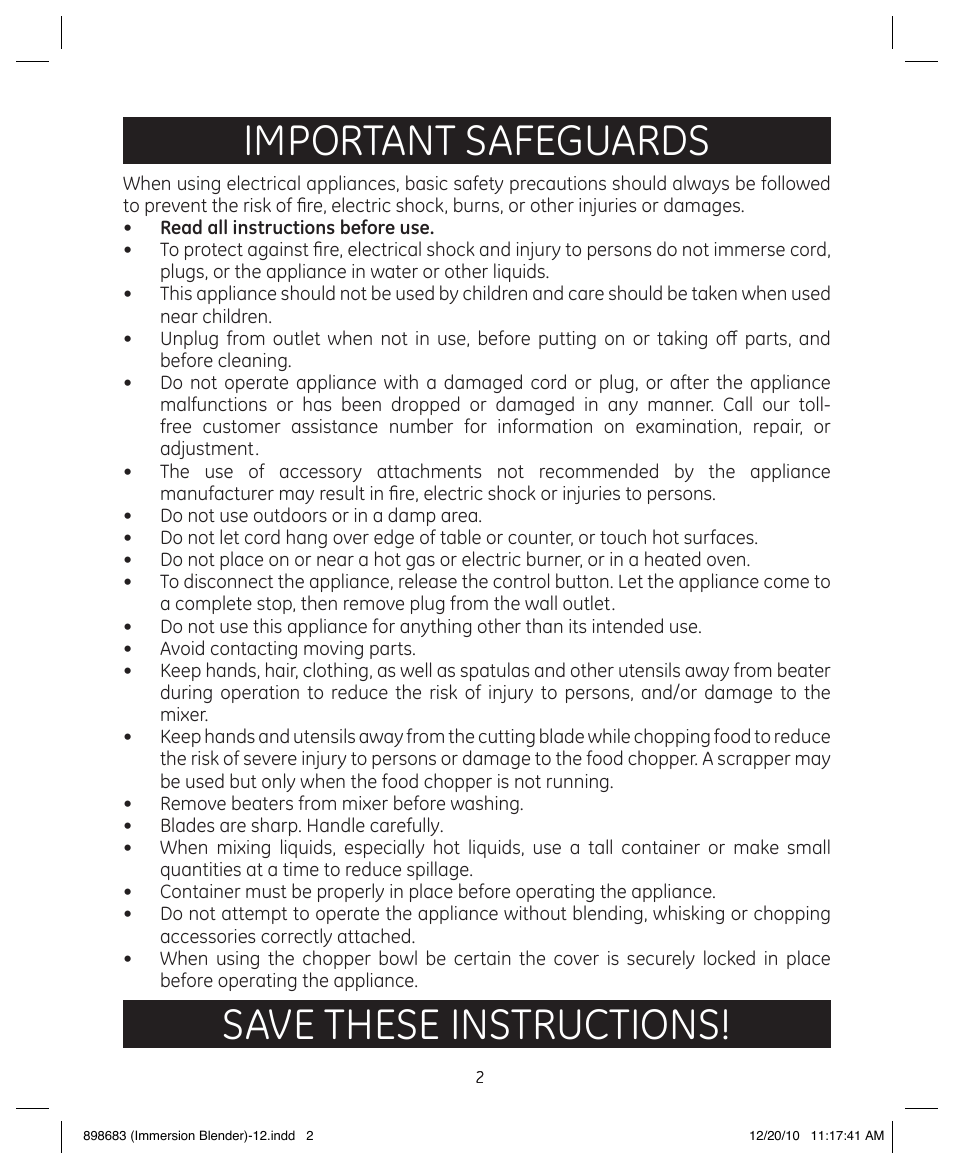 Important safeguards, Save these instructions | GE 898683 User Manual | Page 2 / 13