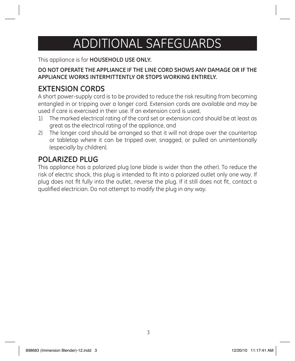 Additional safeguards, Extension cords, Polarized plug | GE 898683 User Manual | Page 3 / 13