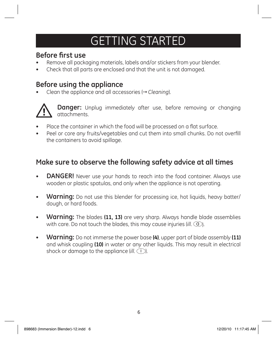 Getting started, Before first use, Before using the appliance | GE 898683 User Manual | Page 6 / 13
