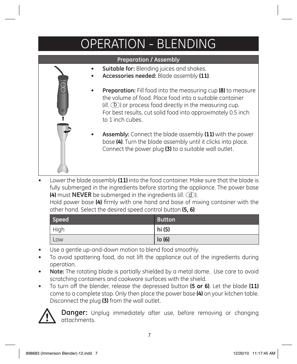 Operation - blending, Danger | GE 898683 User Manual | Page 7 / 13