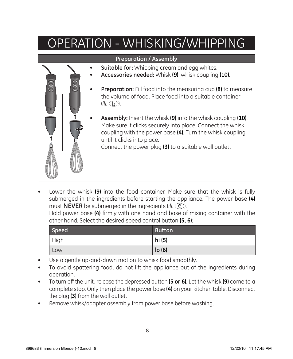Operation - whisking/whipping | GE 898683 User Manual | Page 8 / 13