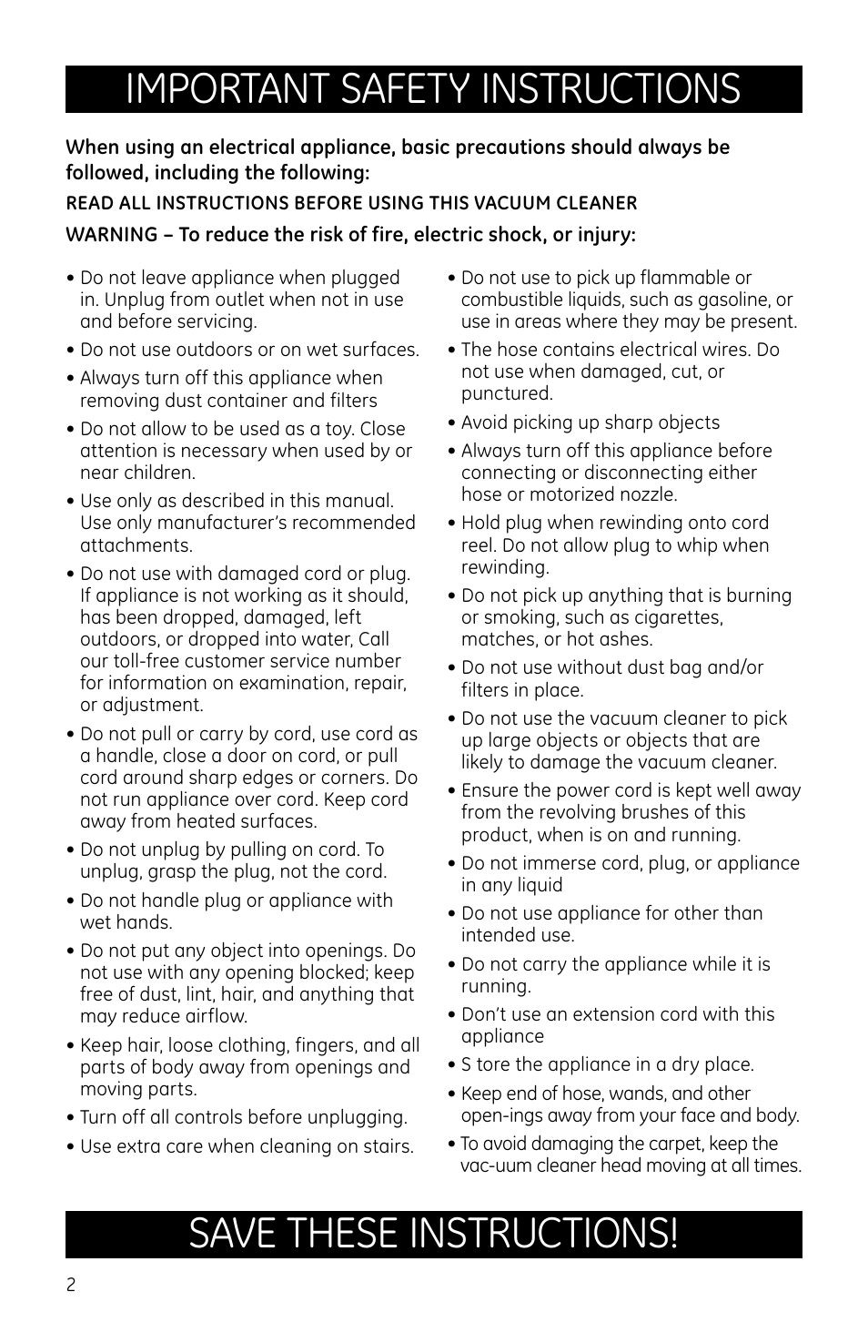 Important safety instructions, Save these instructions | GE 169072 User Manual | Page 2 / 10