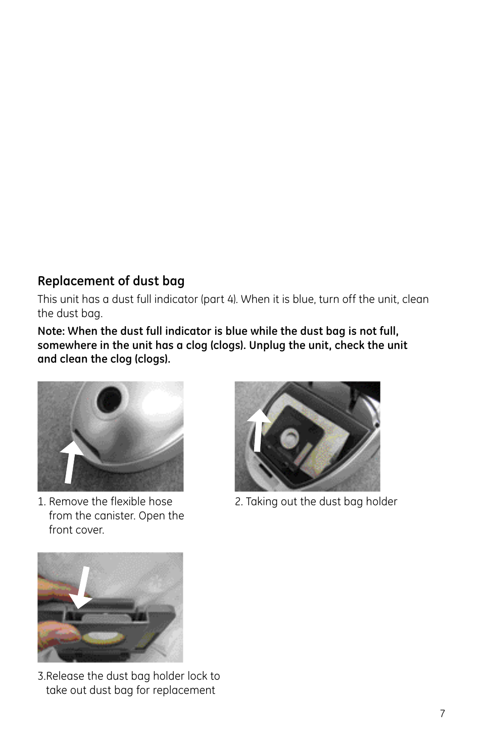 Replacement of dust bag | GE 169072 User Manual | Page 7 / 10