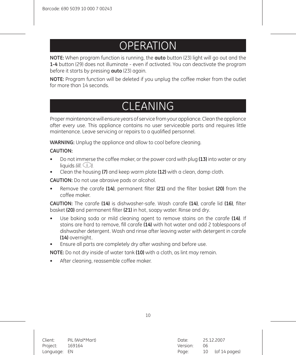 Operation, Cleaning | GE 169178 User Manual | Page 10 / 14