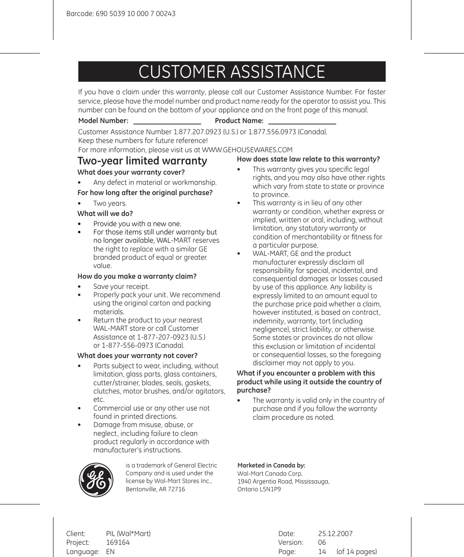 Customer assistance, Two-year limited warranty | GE 169178 User Manual | Page 14 / 14