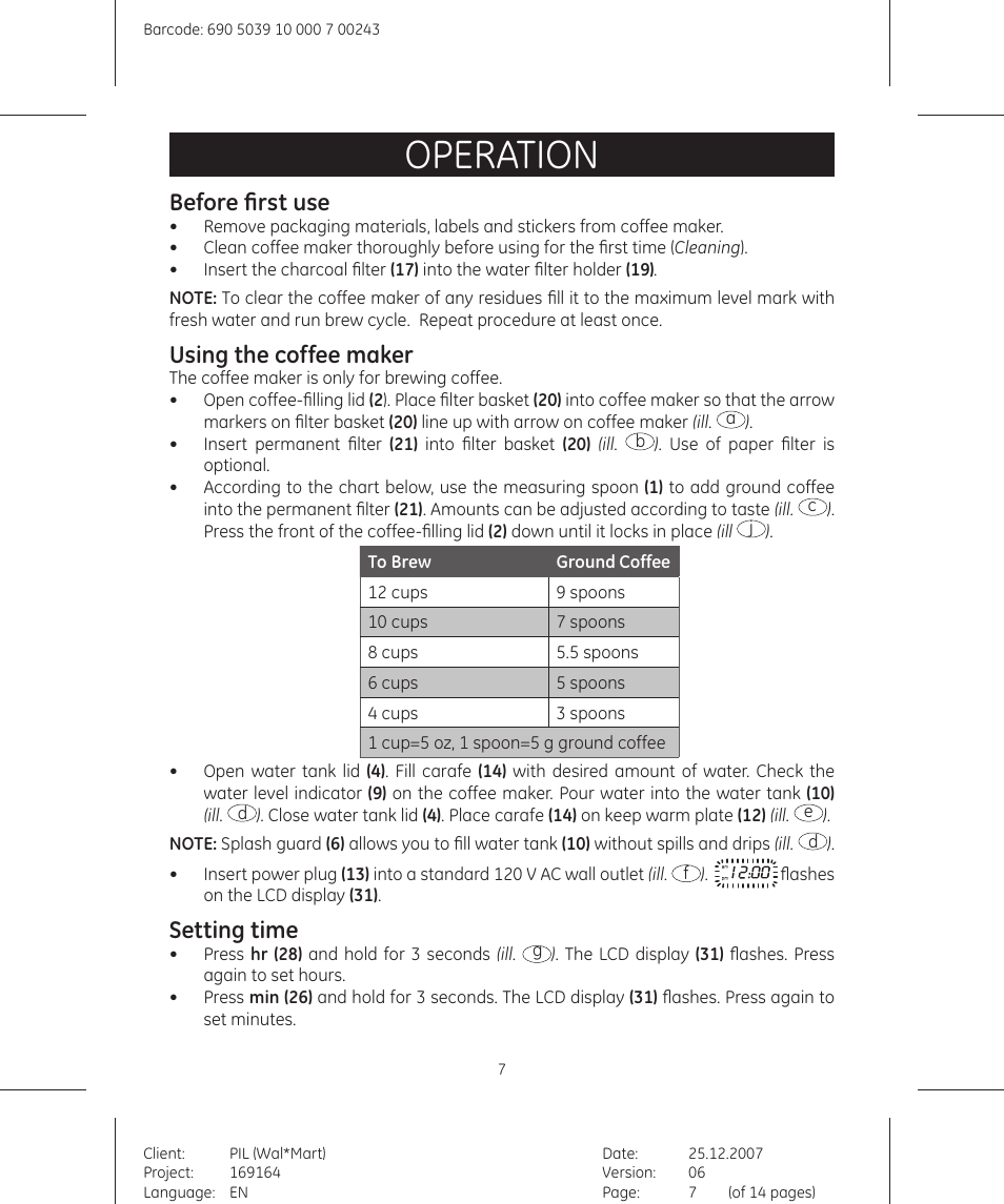 Operation, Before first use, Using the coffee maker | Setting time | GE 169178 User Manual | Page 7 / 14