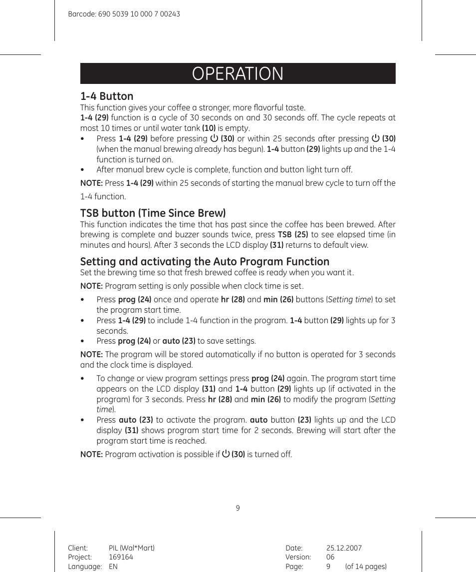 Operation, 4 button, Tsb button (time since brew) | Setting and activating the auto program function | GE 169178 User Manual | Page 9 / 14