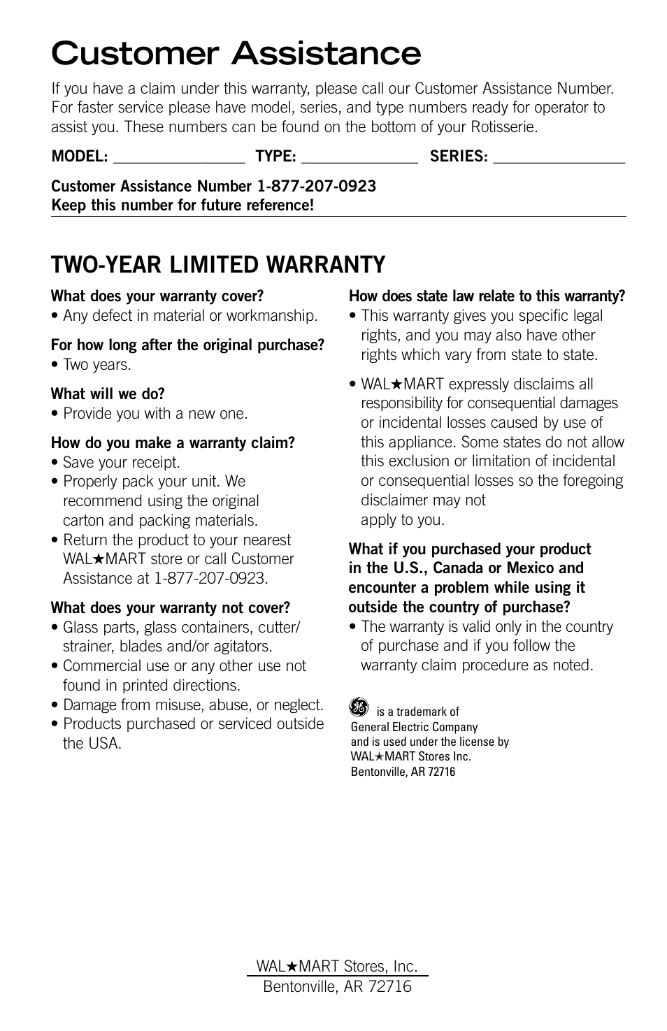 Customer assistance, Two-year limited warranty | GE 169014 User Manual | Page 15 / 16