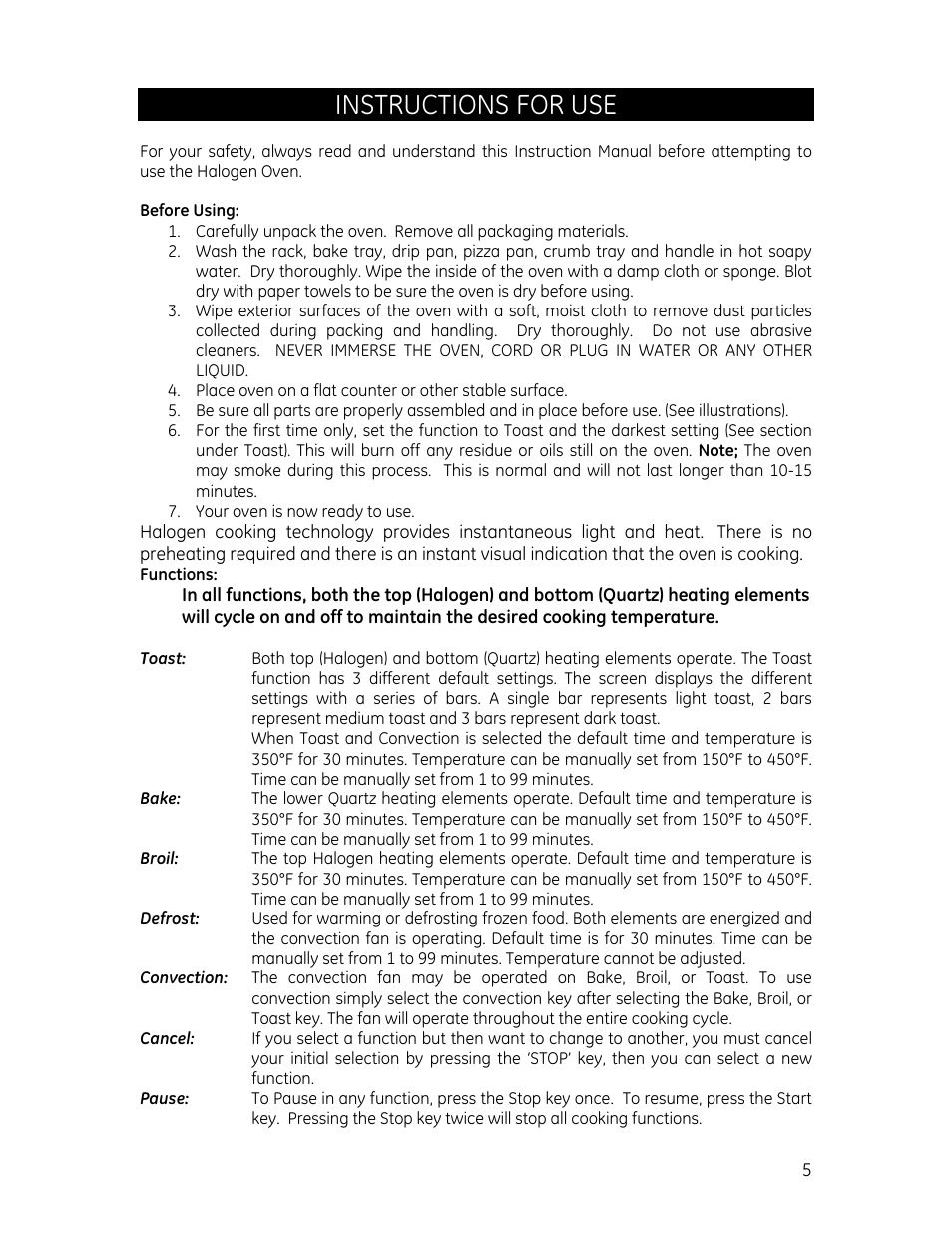 Instructions for use | GE 169104 User Manual | Page 5 / 9