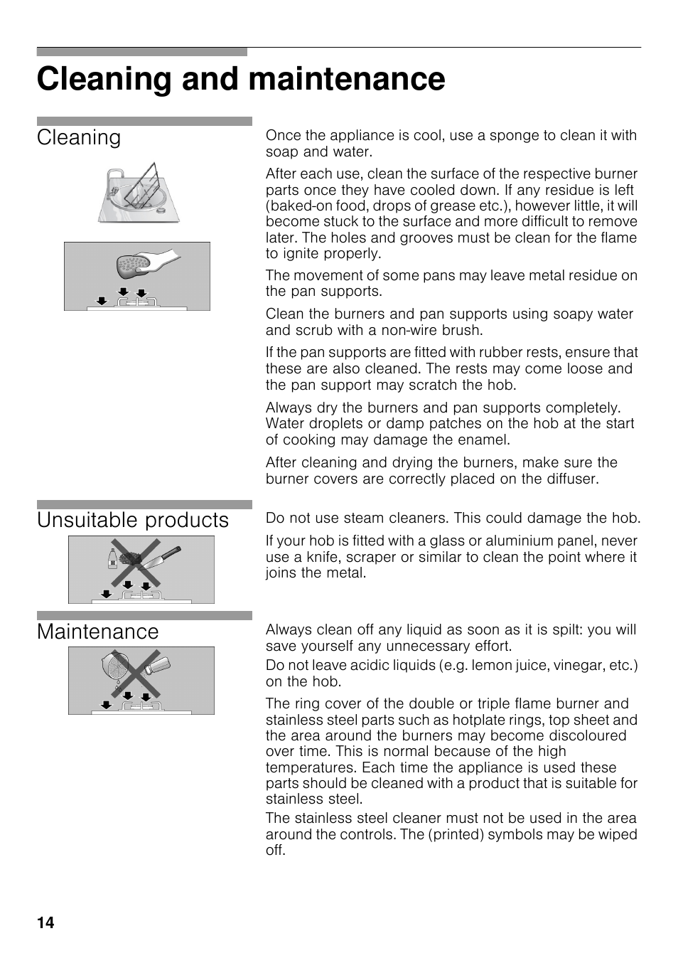 Cleaning and maintenance, Cleaning, Unsuitable products | Maintenance | Neff T22S36N0 User Manual | Page 13 / 57