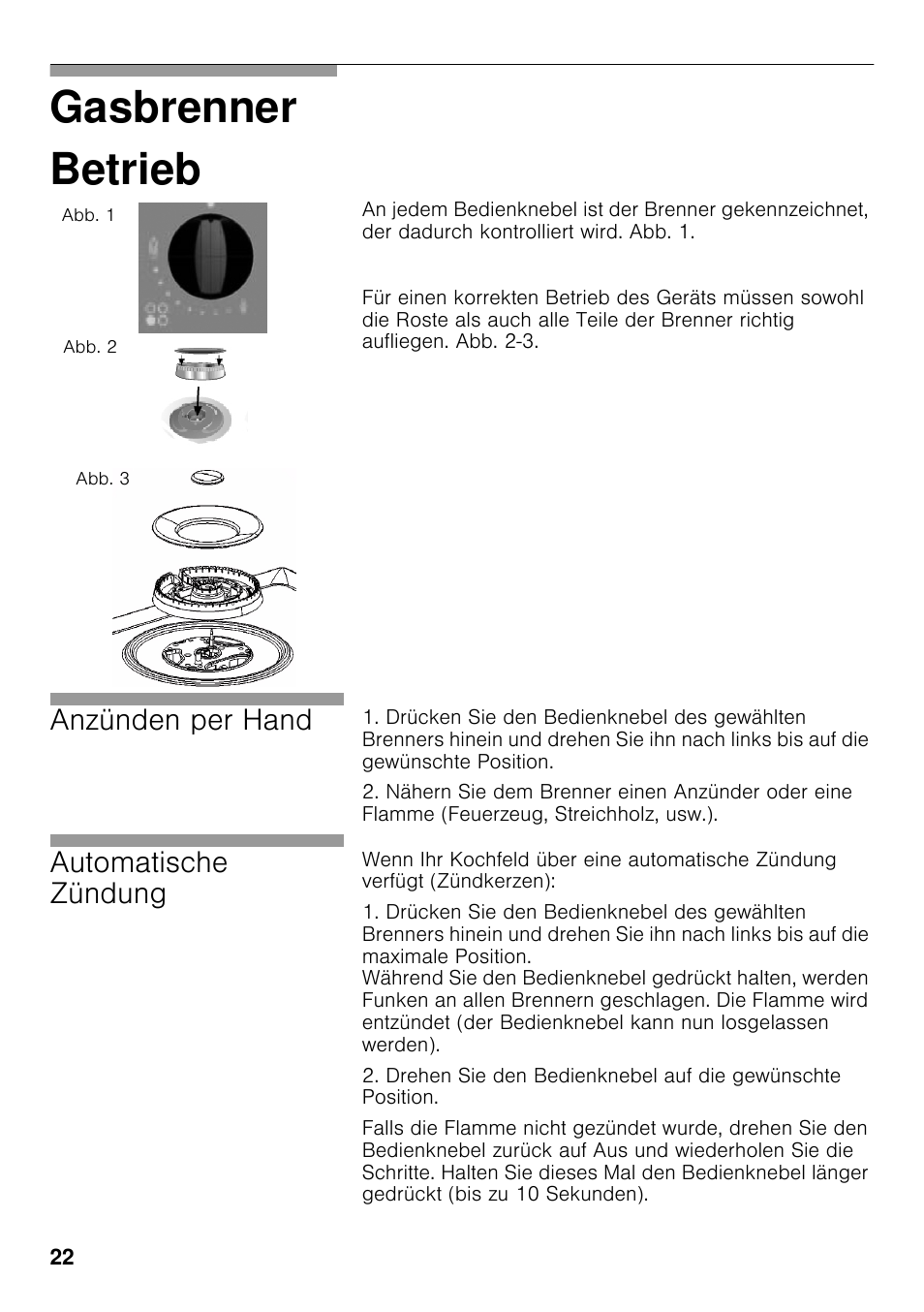 Betrieb, Gasbrenner betrieb, Anzünden per hand | Automatische zündung | Neff T22S36N0 User Manual | Page 21 / 57