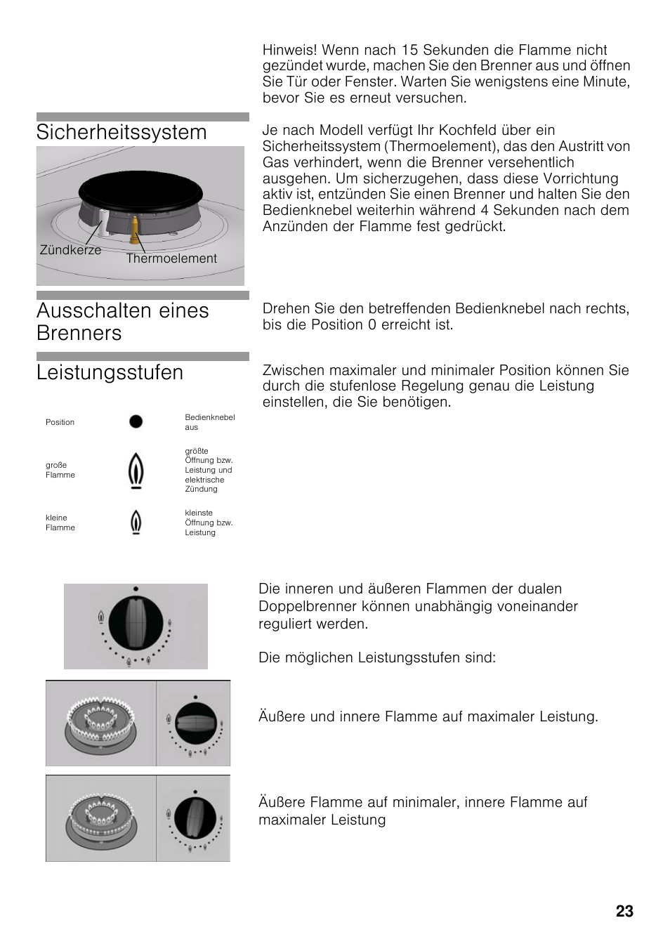 Sicherheitssystem, Ausschalten eines brenners, Leistungsstufen | Neff T22S36N0 User Manual | Page 22 / 57