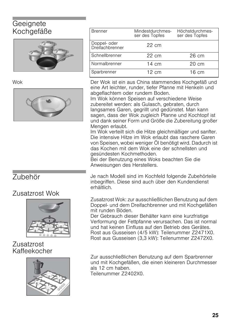 Zusatzrost wok, Zusatzrost kaffeekocher, Geeignete kochgefäße | Zubehör | Neff T22S36N0 User Manual | Page 24 / 57