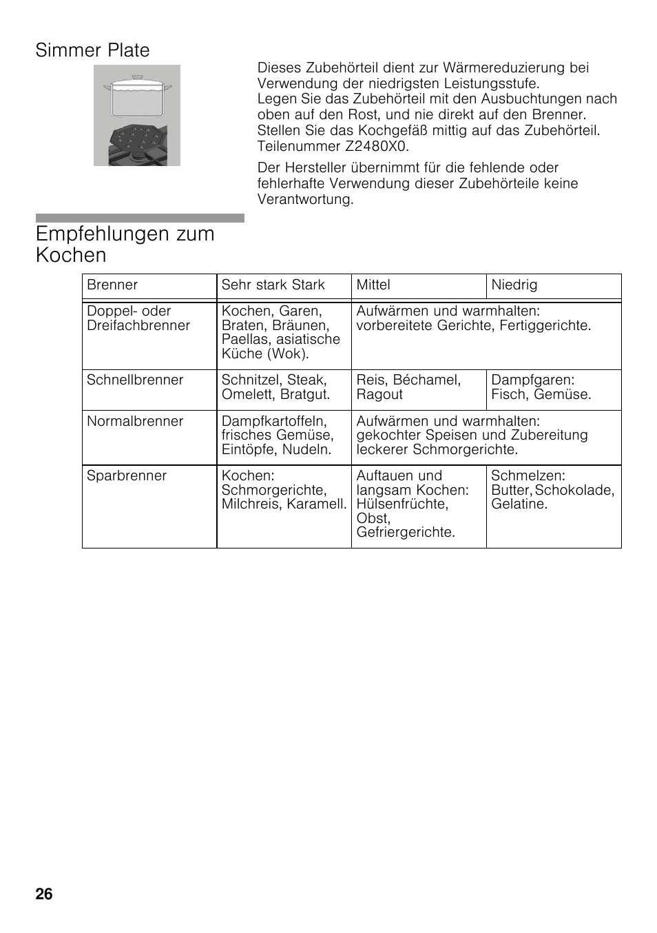 Simmer plate, Empfehlungen zum kochen | Neff T22S36N0 User Manual | Page 25 / 57