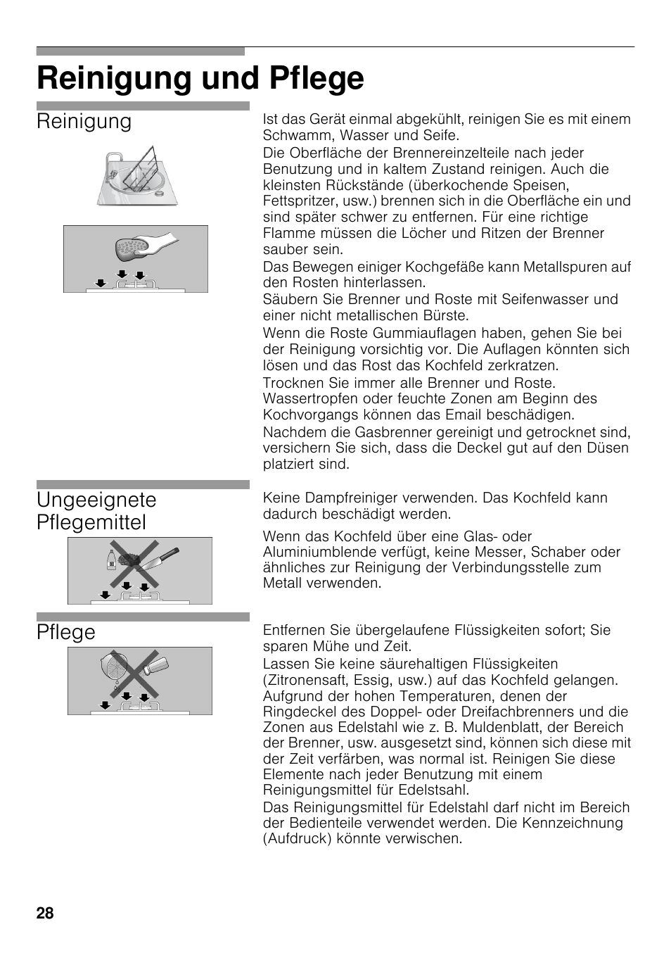 Reinigung und pflege, Reinigung, Ungeeignete pflegemittel | Pflege | Neff T22S36N0 User Manual | Page 27 / 57