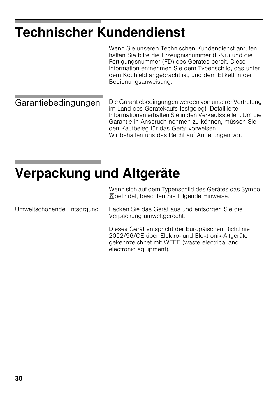 Umweltschonende entsorgung, Technischer kundendienst, Verpackung und altgeräte | Garantiebedingungen | Neff T22S36N0 User Manual | Page 29 / 57