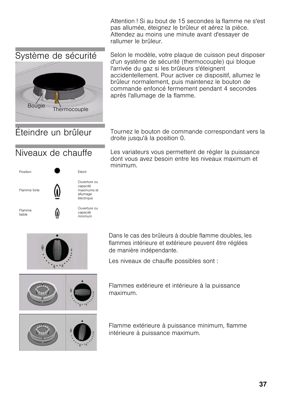 Système de sécurité, Éteindre un brûleur, Niveaux de chauffe | Neff T22S36N0 User Manual | Page 36 / 57