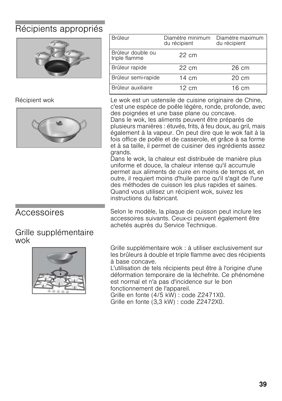 Récipient wok, Grille supplémentaire wok, Récipients appropriés | Accessoires | Neff T22S36N0 User Manual | Page 38 / 57