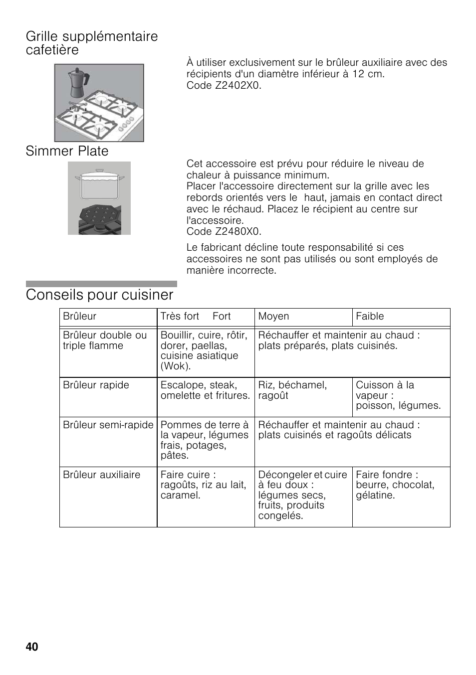 Grille supplémentaire cafetière, Simmer plate, Conseils pour cuisiner | Neff T22S36N0 User Manual | Page 39 / 57