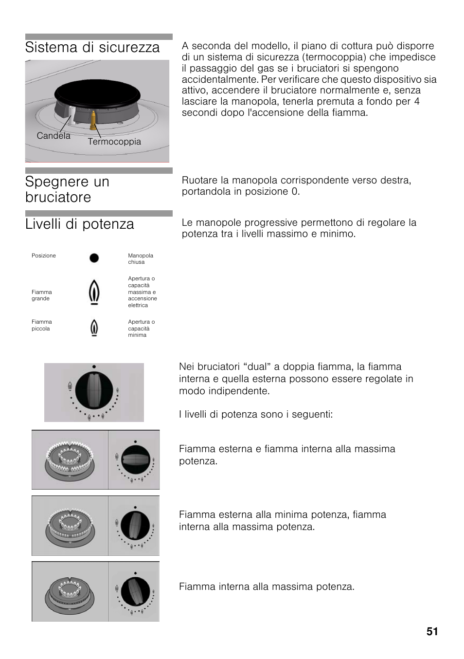 Sistema di sicurezza, Spegnere un bruciatore, Livelli di potenza | Neff T22S36N0 User Manual | Page 50 / 57