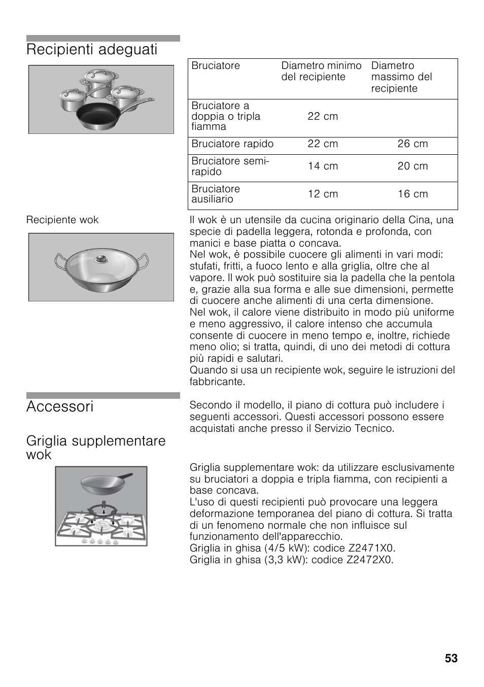 Recipiente wok, Griglia supplementare wok, Recipienti adeguati | Accessori | Neff T22S36N0 User Manual | Page 52 / 57