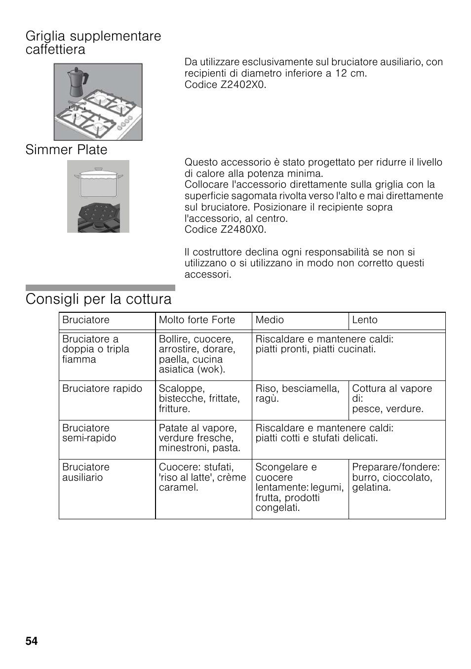 Griglia supplementare caffettiera, Simmer plate, Consigli per la cottura | Neff T22S36N0 User Manual | Page 53 / 57