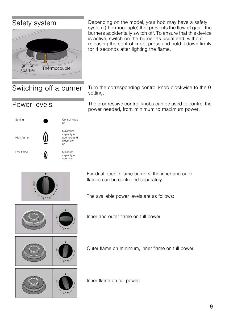Safety system, Switching off a burner, Power levels | Neff T22S36N0 User Manual | Page 8 / 57