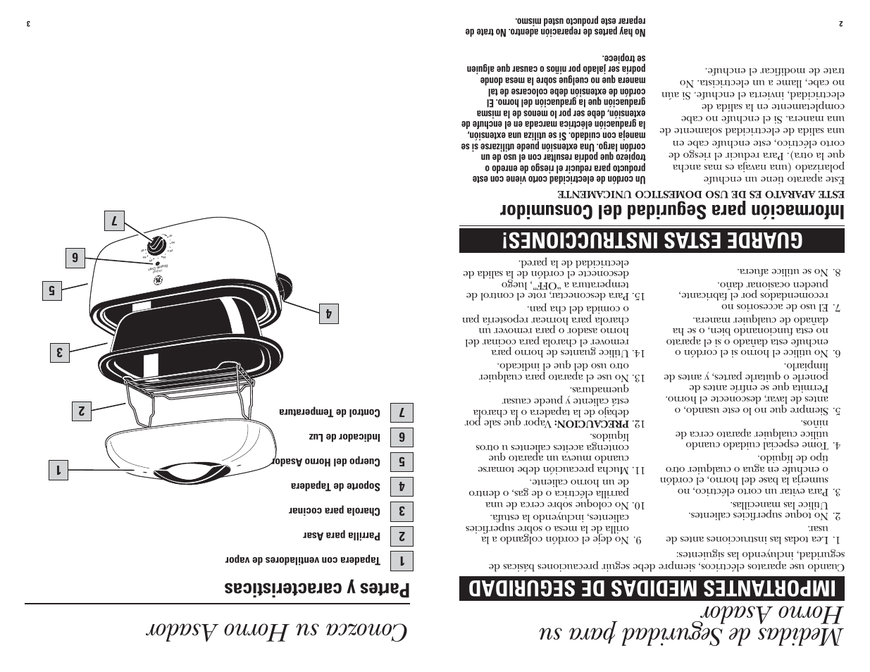 Medidas de seguridad para su horno asador, Conozca su horno asador, Importantes medidas de seguridad | Guarde estas instrucciones, Información para seguridad del consumidor, Partes y caracteristicas | GE 168962 User Manual | Page 12 / 13