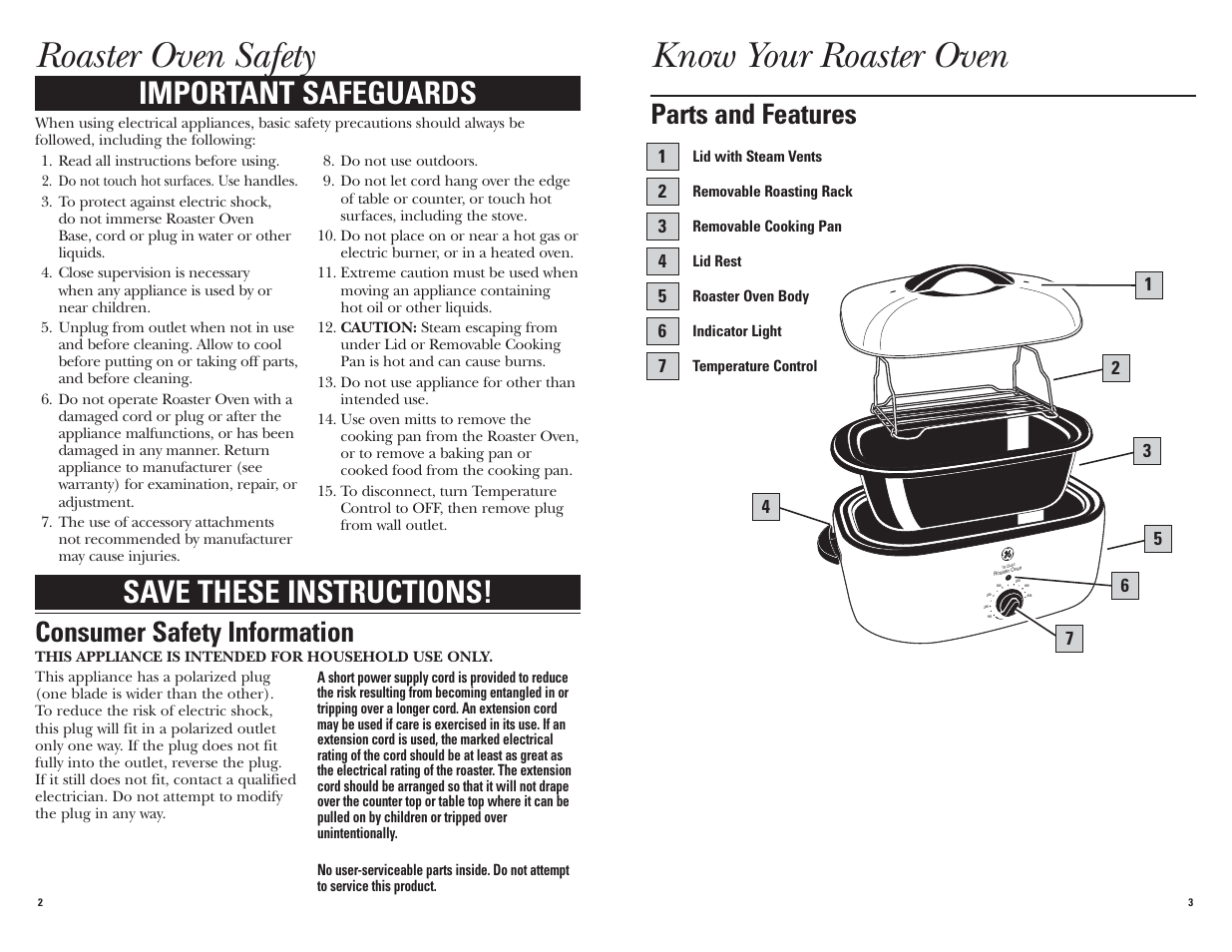 Roaster oven safety, Know your roaster oven, Important safeguards | Save these instructions, Consumer safety information, Parts and features | GE 168962 User Manual | Page 2 / 13